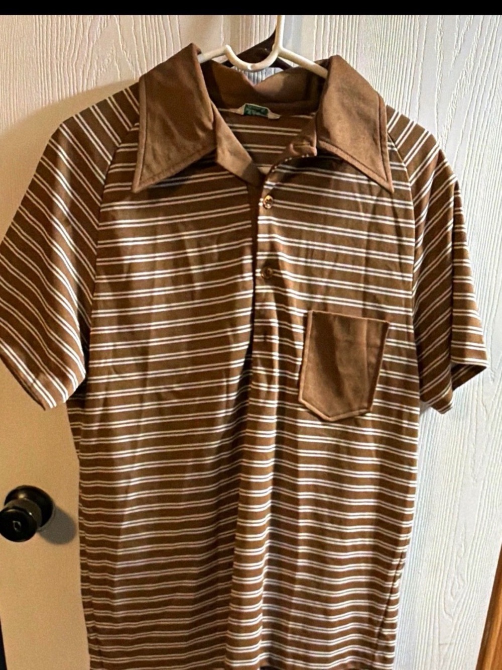 Vintage Men's Brown Striped Short-Sleeve Polo with Chest Pocket